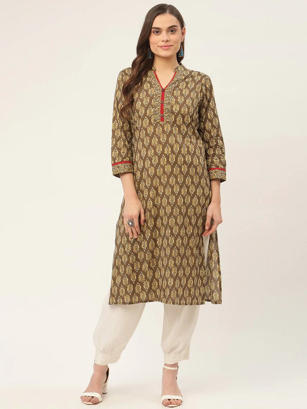 Jompers Women's Brown and Olive Printed Straight Pure Cotton Kurta - Distacart