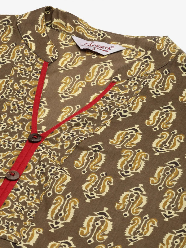 Jompers Women's Brown and Olive Printed Straight Pure Cotton Kurta - Distacart