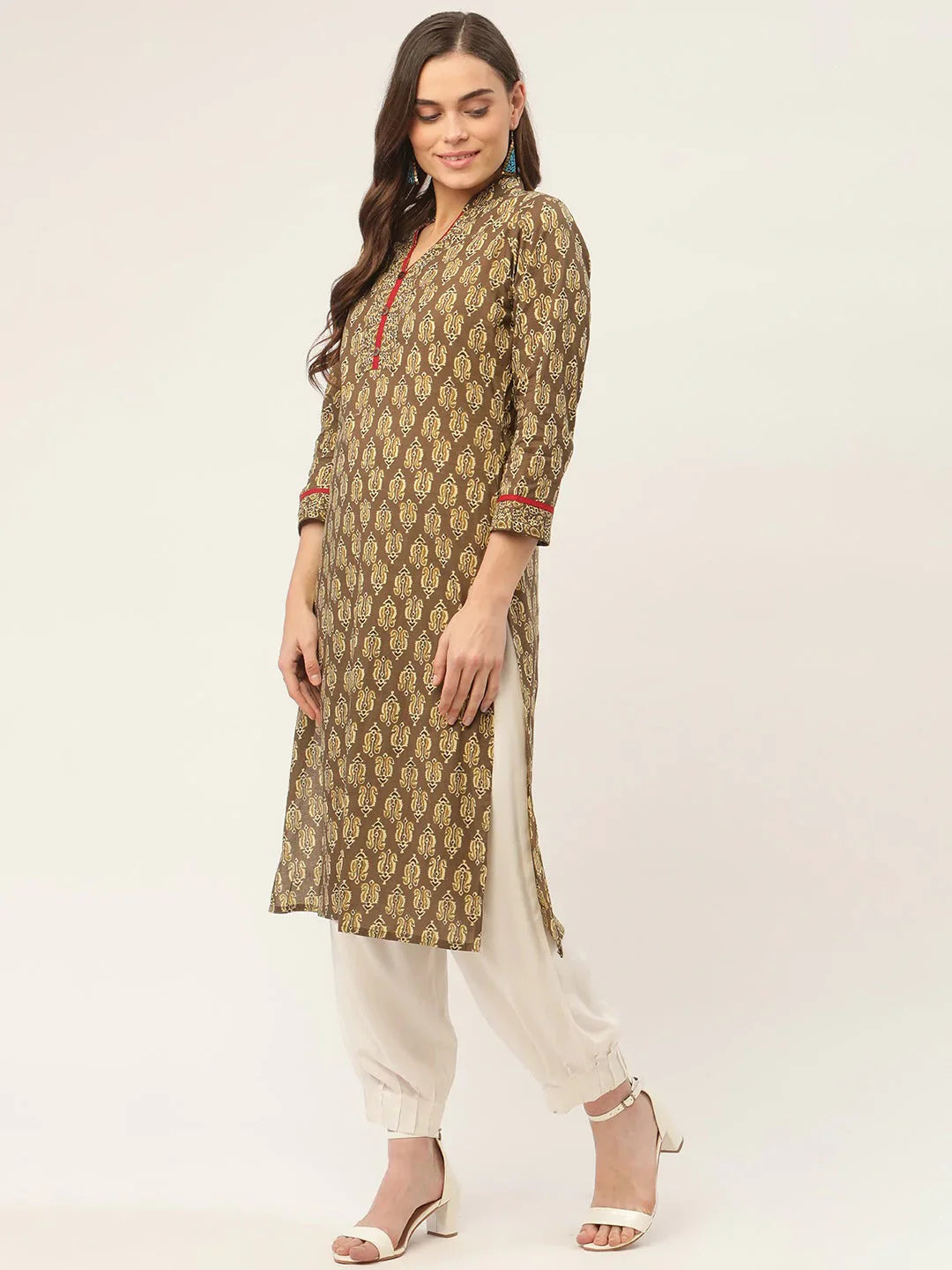 Jompers Women's Brown and Olive Printed Straight Pure Cotton Kurta - Distacart