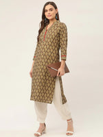 Thumbnail for Jompers Women's Brown and Olive Printed Straight Pure Cotton Kurta - Distacart