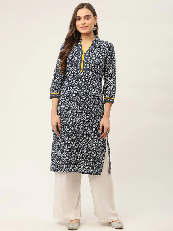 Jompers Women's Indigo Blue Printed Straight Pure Cotton Kurta - Distacart