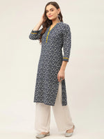 Thumbnail for Jompers Women's Indigo Blue Printed Straight Pure Cotton Kurta - Distacart
