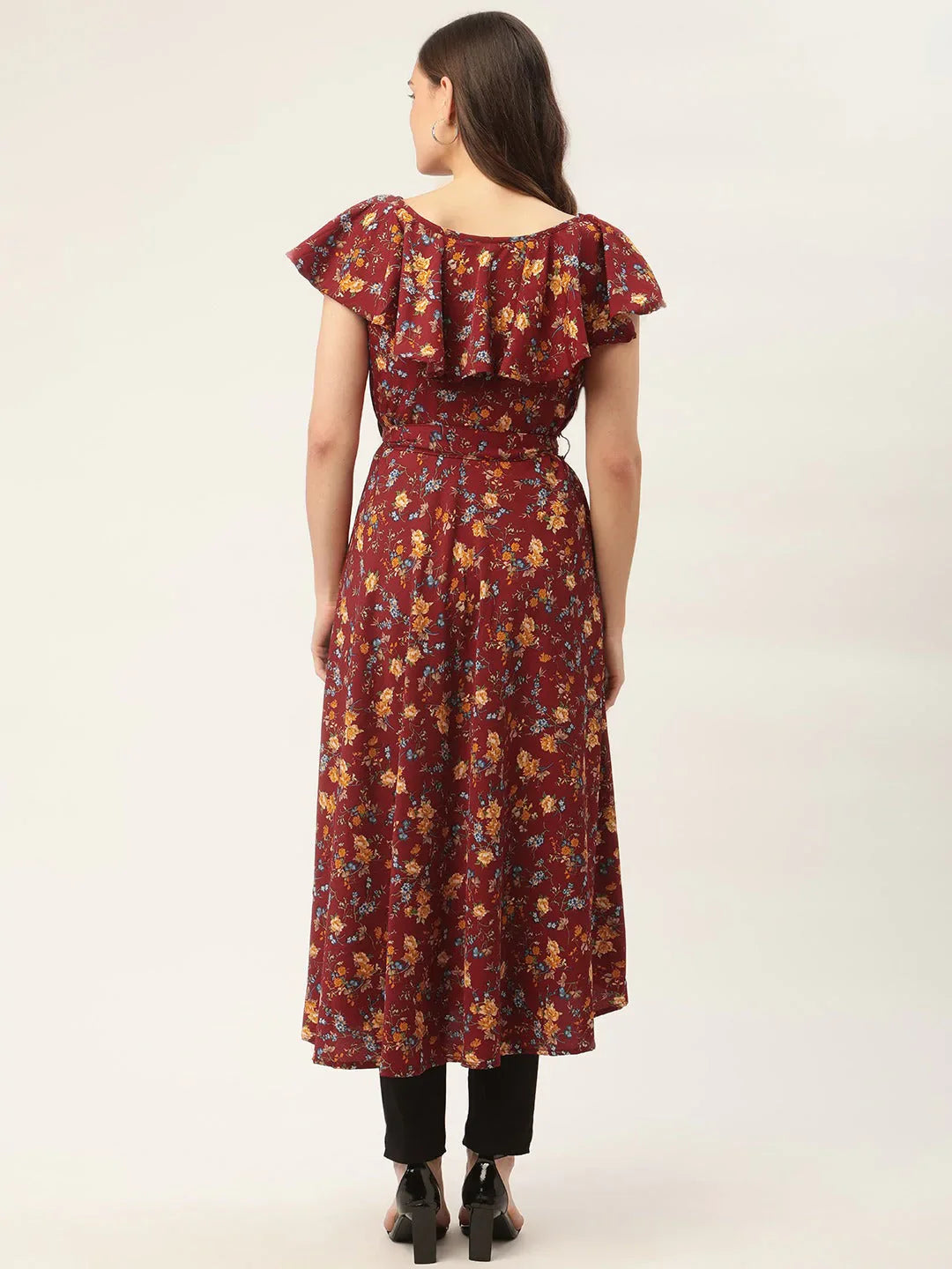 Jompers Women's Maroon Flared Printed kurta - Distacart