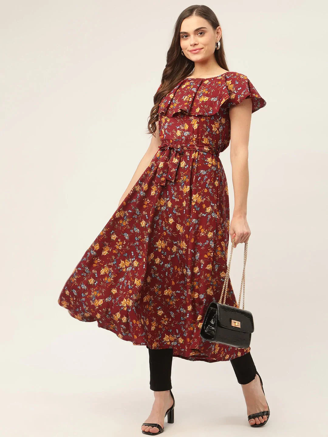 Jompers Women's Maroon Flared Printed kurta - Distacart