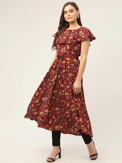 Jompers Women's Maroon Flared Printed kurta - Distacart
