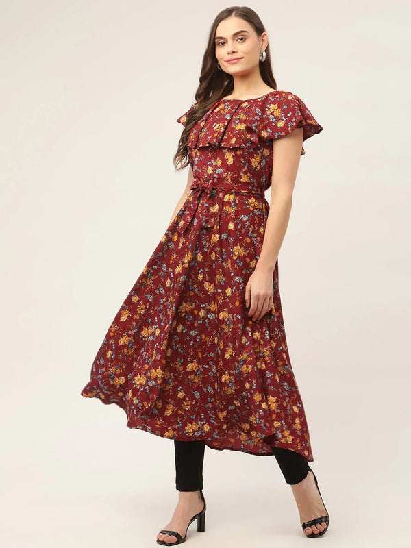 Jompers Women's Maroon Flared Printed kurta - Distacart