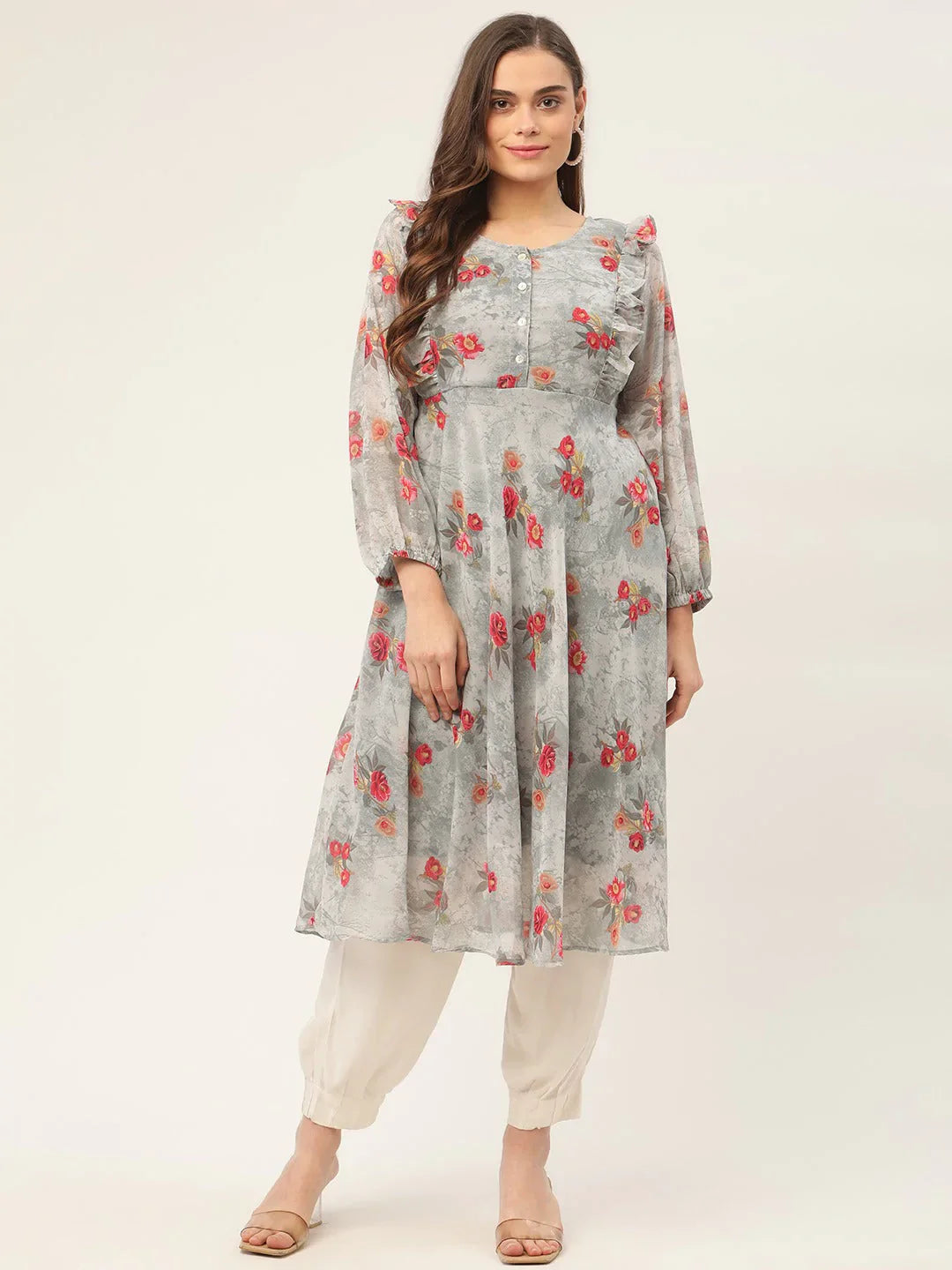 Jompers Women's Grey Georgette Flared Printed kurta - Distacart