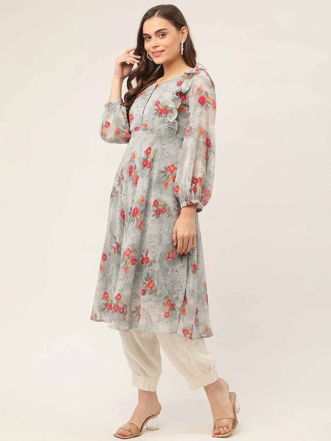 Jompers Women's Grey Georgette Flared Printed kurta - Distacart