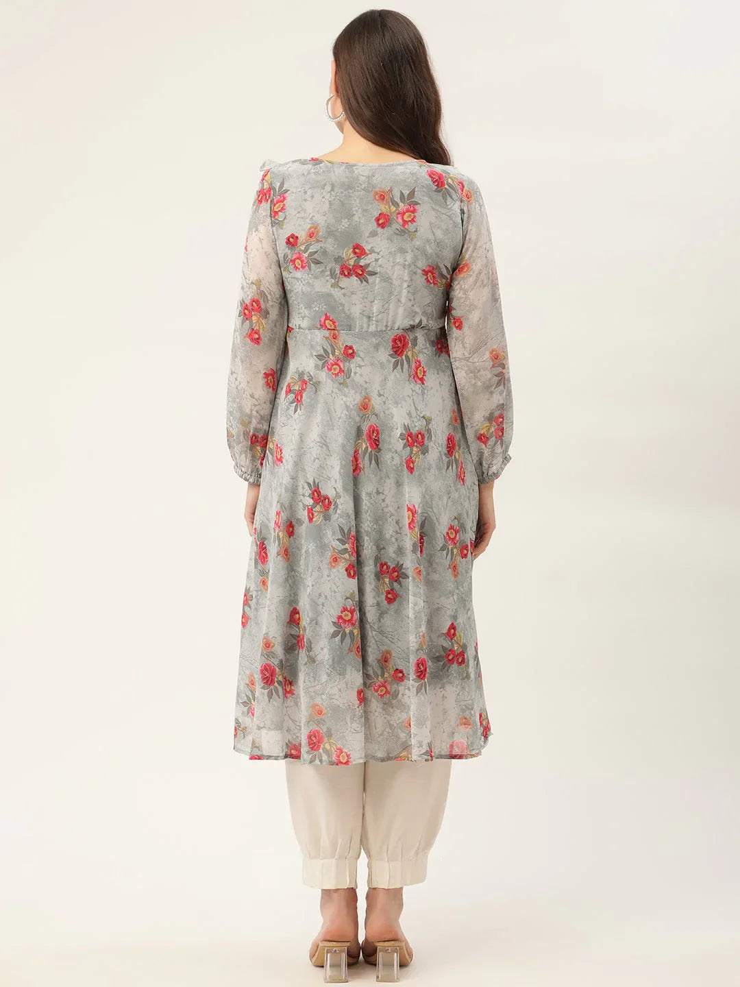Jompers Women's Grey Georgette Flared Printed kurta - Distacart