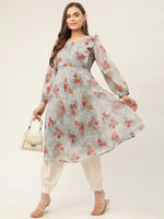 Thumbnail for Jompers Women's Grey Georgette Flared Printed kurta - Distacart
