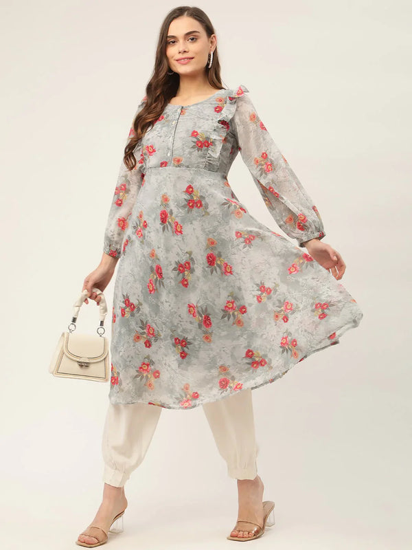 Jompers Women's Grey Georgette Flared Printed kurta - Distacart