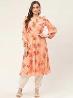 Thumbnail for Jompers Women's Orange Georgette Flared Printed kurta - Distacart