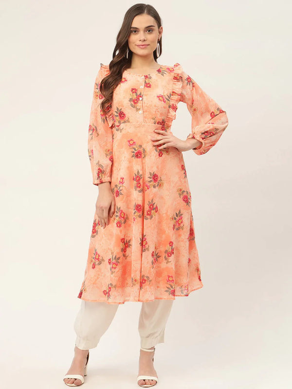 Jompers Women's Orange Georgette Flared Printed kurta - Distacart