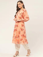 Thumbnail for Jompers Women's Orange Georgette Flared Printed kurta - Distacart