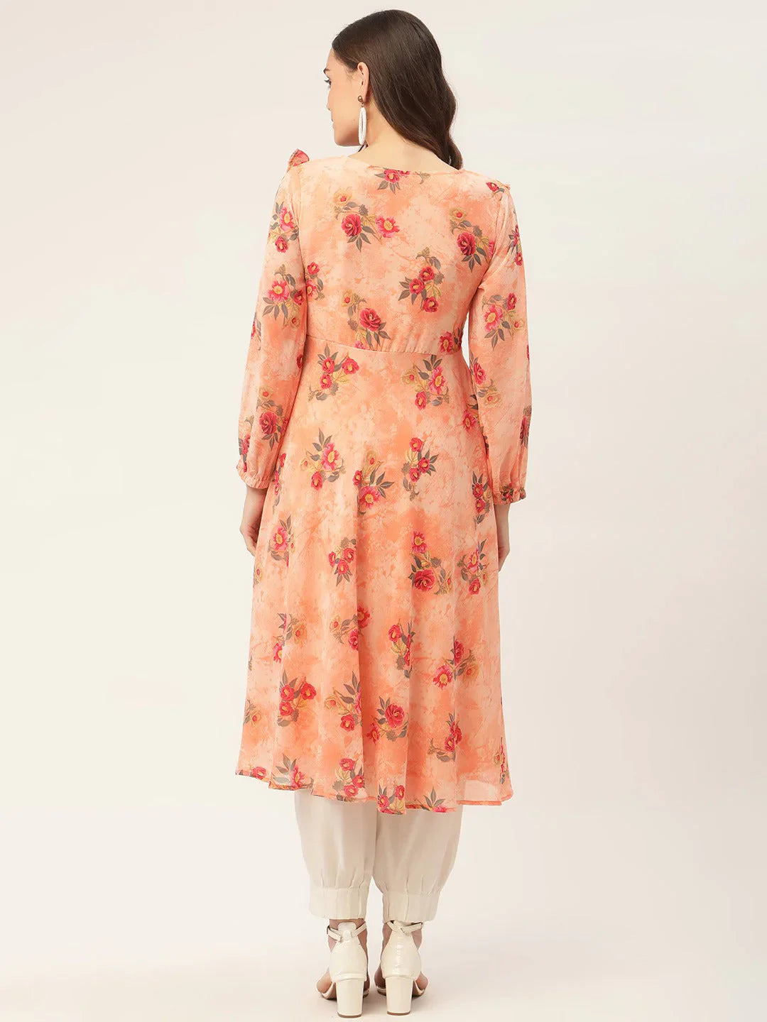 Jompers Women's Orange Georgette Flared Printed kurta - Distacart