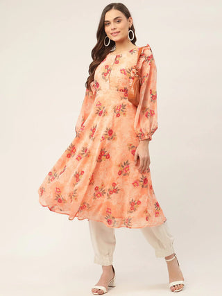 Jompers Women's Orange Georgette Flared Printed kurta - Distacart