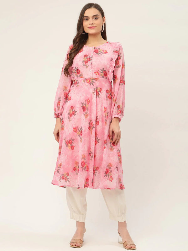 Jompers Women's Pink Georgette Flared Printed kurta - Distacart