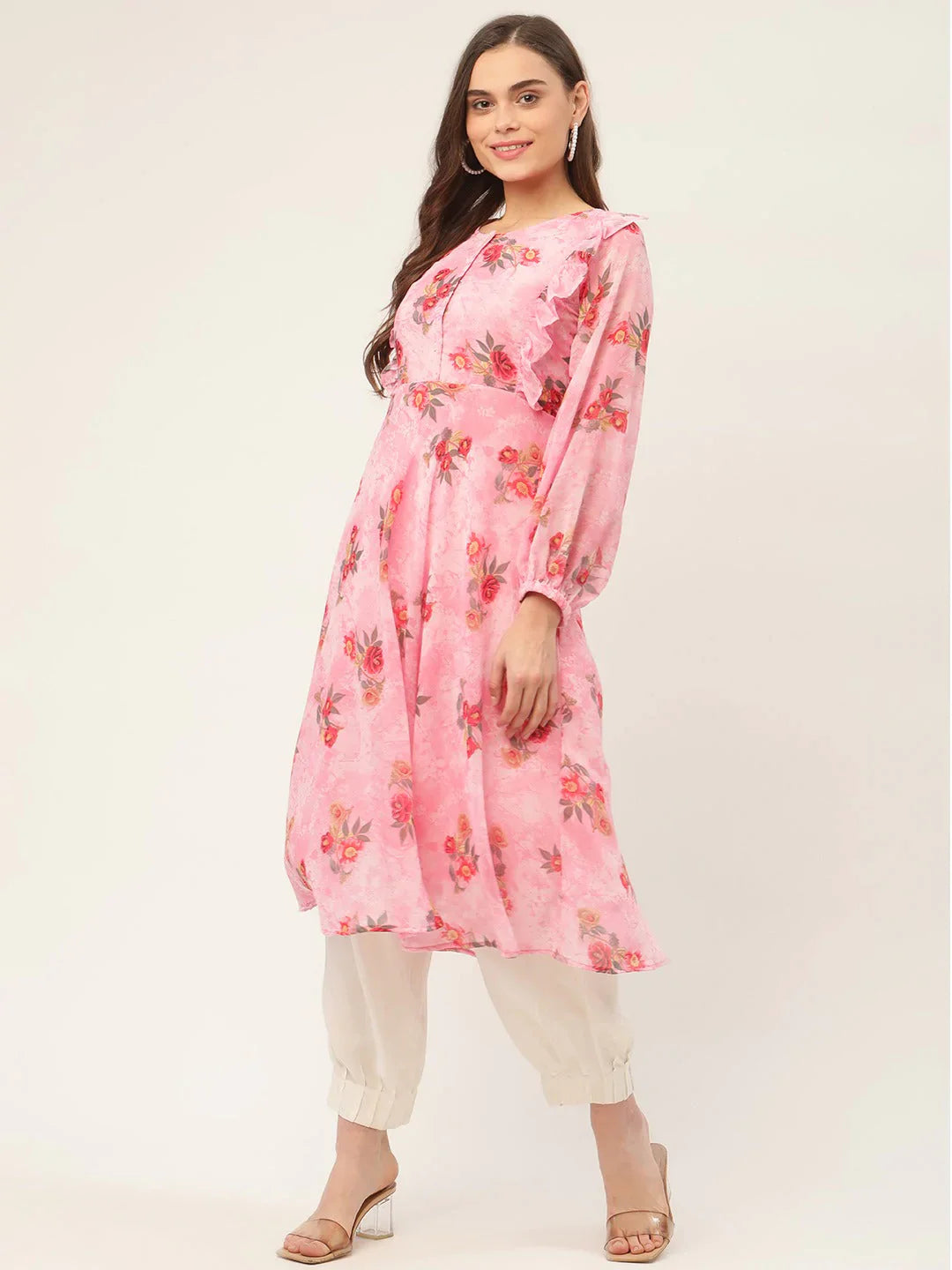 Jompers Women's Pink Georgette Flared Printed kurta - Distacart