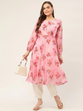 Jompers Women's Pink Georgette Flared Printed kurta - Distacart