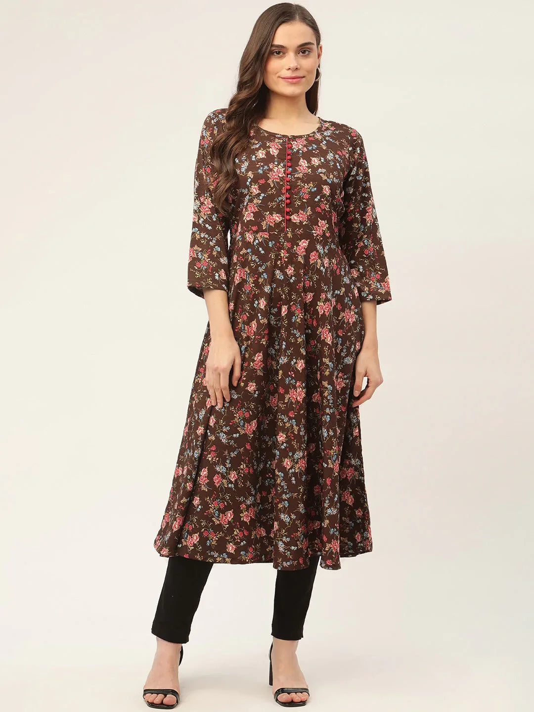 Jompers Women's Brown Flared Printed kurta - Distacart