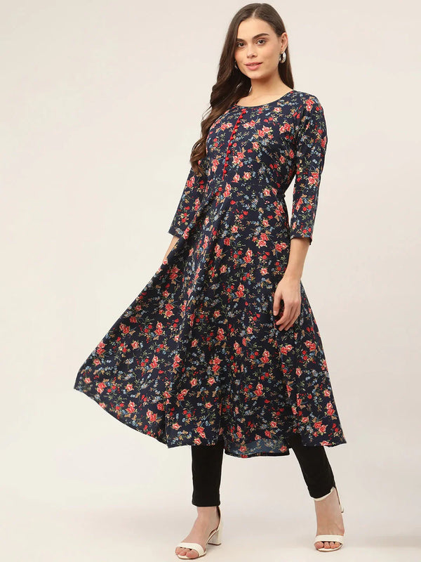Jompers Women's Navy Blue Flared Printed kurta - Distacart