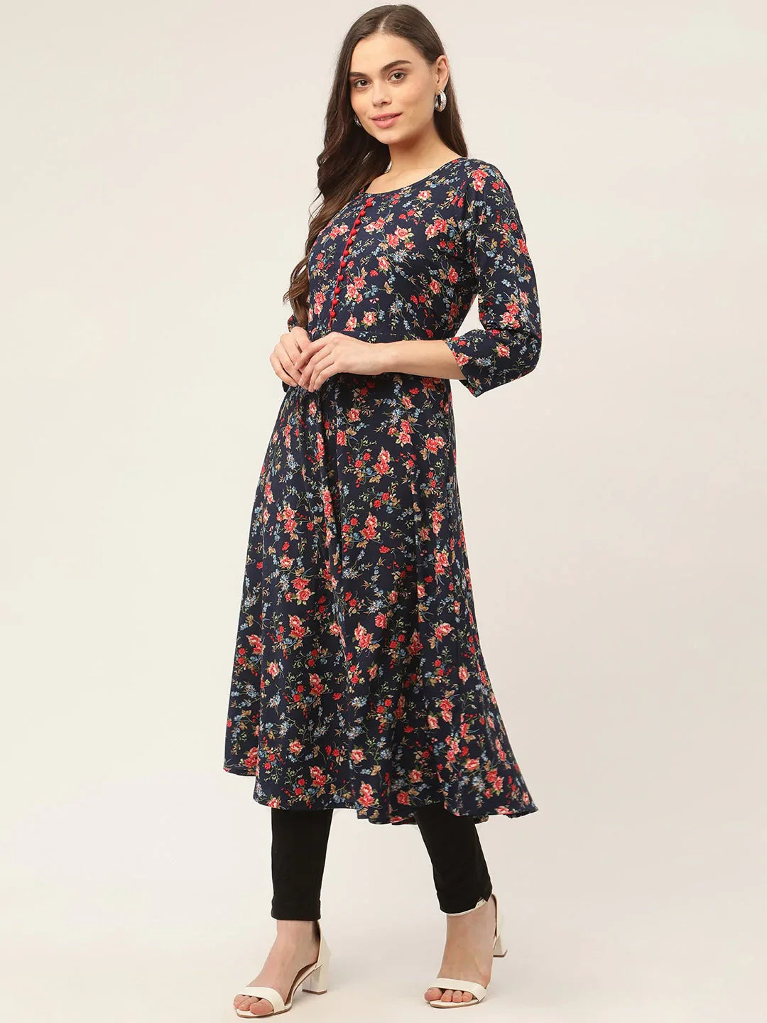 Jompers Women's Navy Blue Flared Printed kurta - Distacart