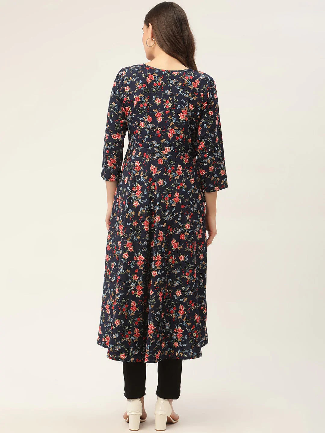 Jompers Women's Navy Blue Flared Printed kurta - Distacart