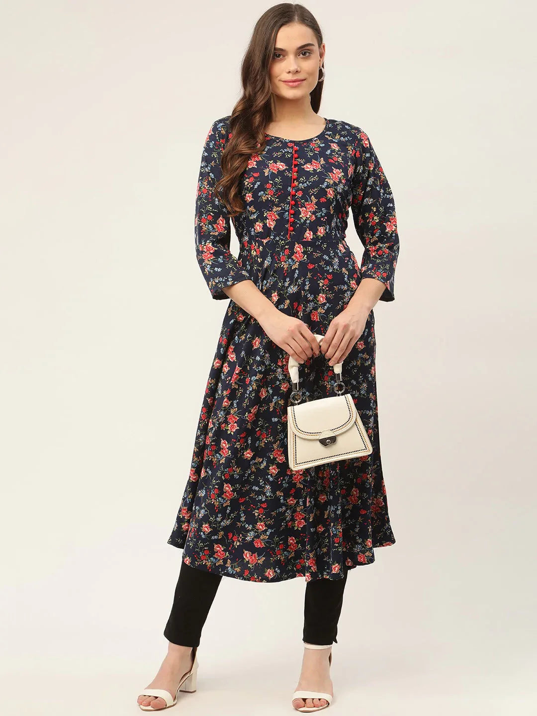 Jompers Women's Navy Blue Flared Printed kurta - Distacart