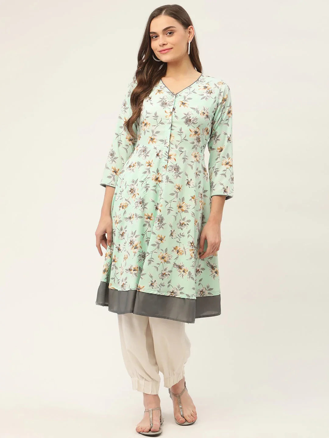 Jompers Women's Sky Blue and White Flared Printed kurta - Distacart