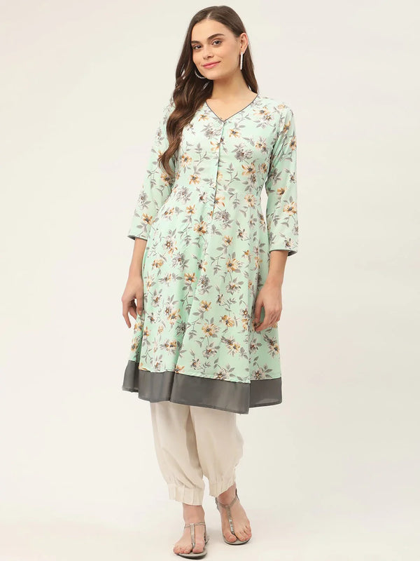Jompers Women's Sky Blue and White Flared Printed kurta - Distacart