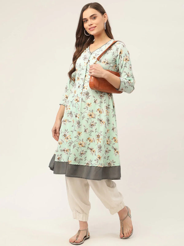 Jompers Women's Sky Blue and White Flared Printed kurta - Distacart