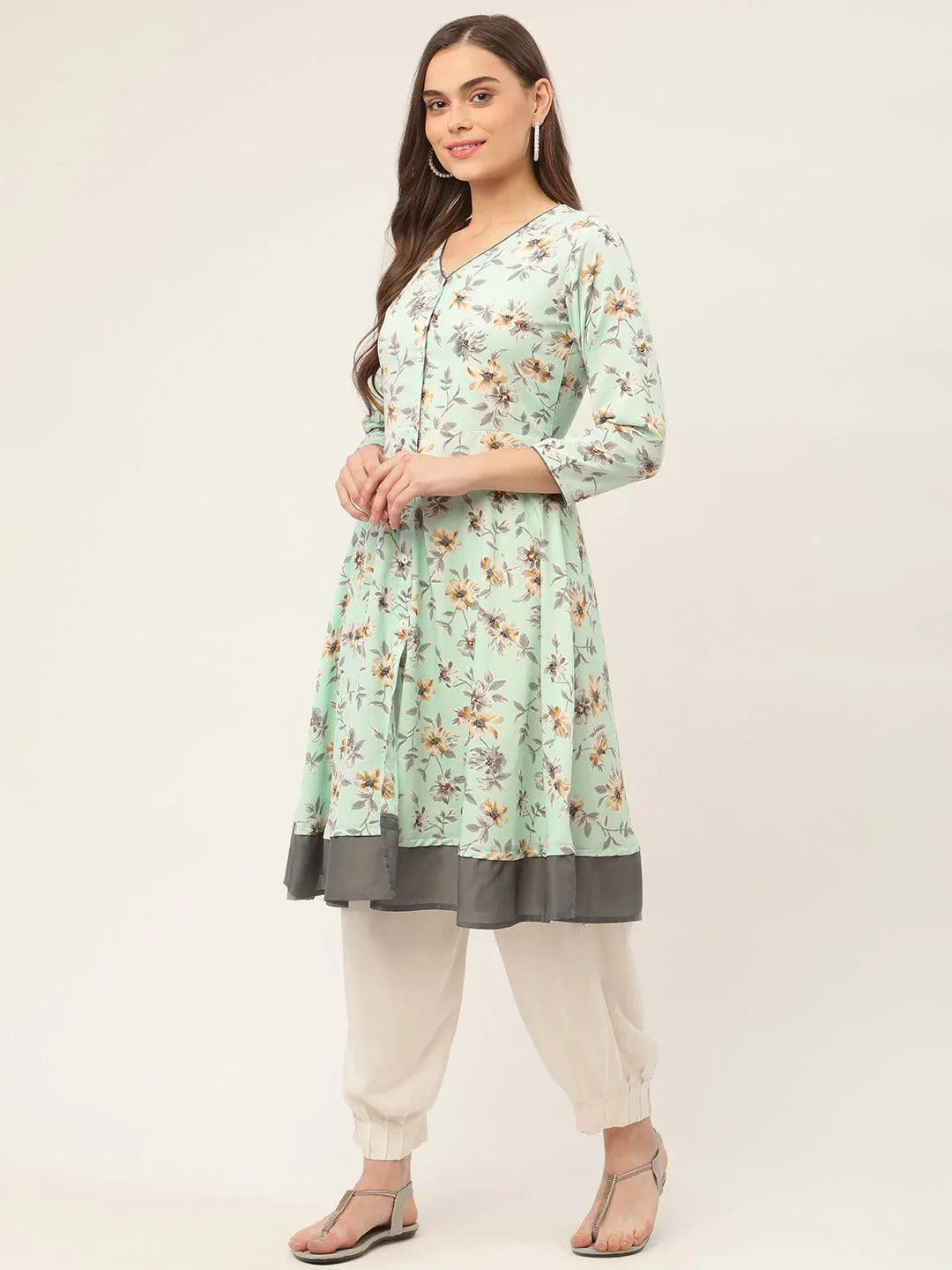 Jompers Women's Sky Blue and White Flared Printed kurta - Distacart