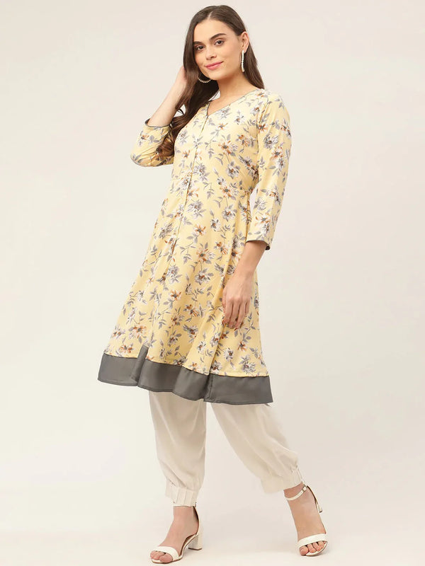 Jompers Women's Yellow and White Flared Printed kurta - Distacart