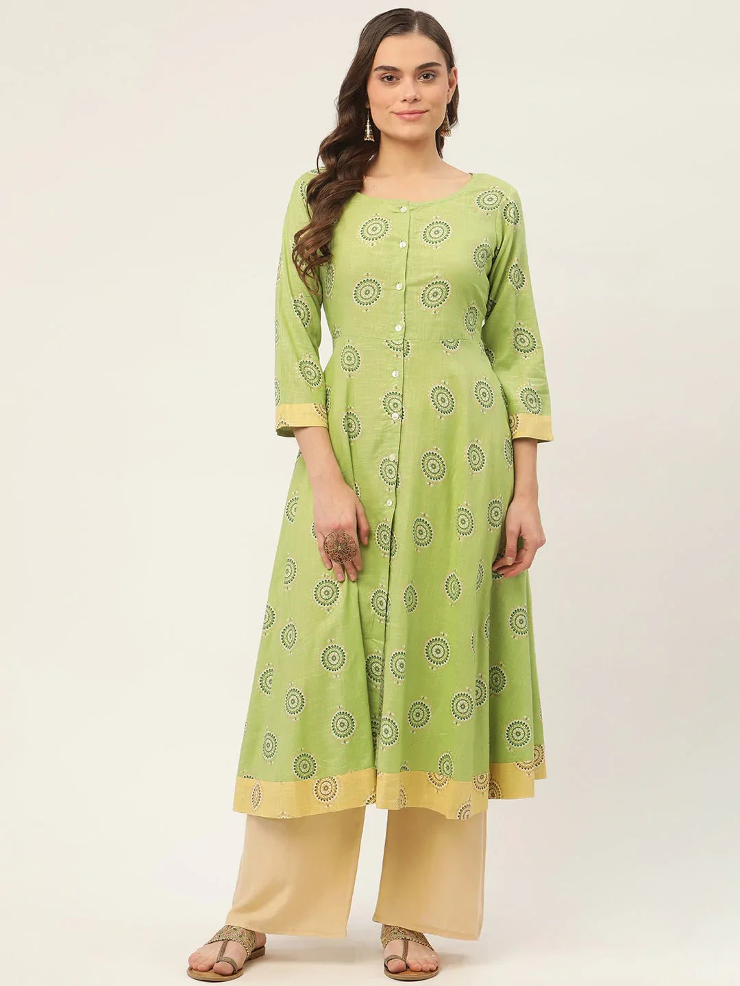 Jompers Women's Green Cotton Blend Flared Printed kurta - Distacart