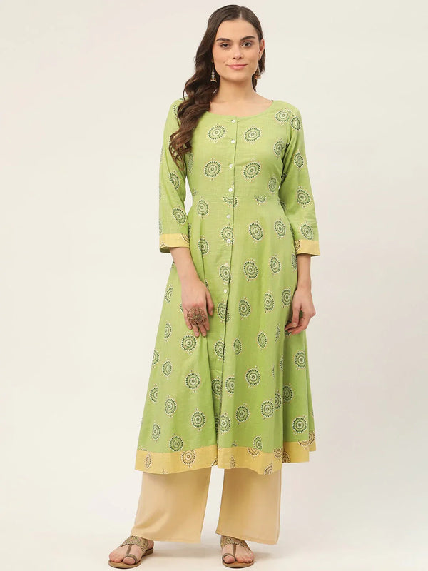 Jompers Women's Green Cotton Blend Flared Printed kurta - Distacart