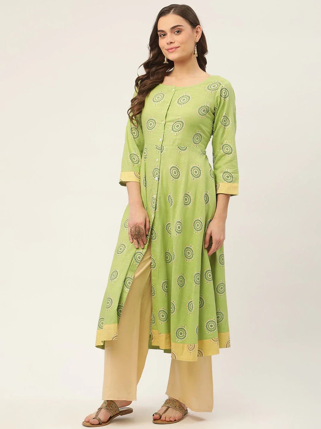 Jompers Women's Green Cotton Blend Flared Printed kurta - Distacart