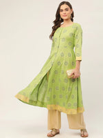 Thumbnail for Jompers Women's Green Cotton Blend Flared Printed kurta - Distacart