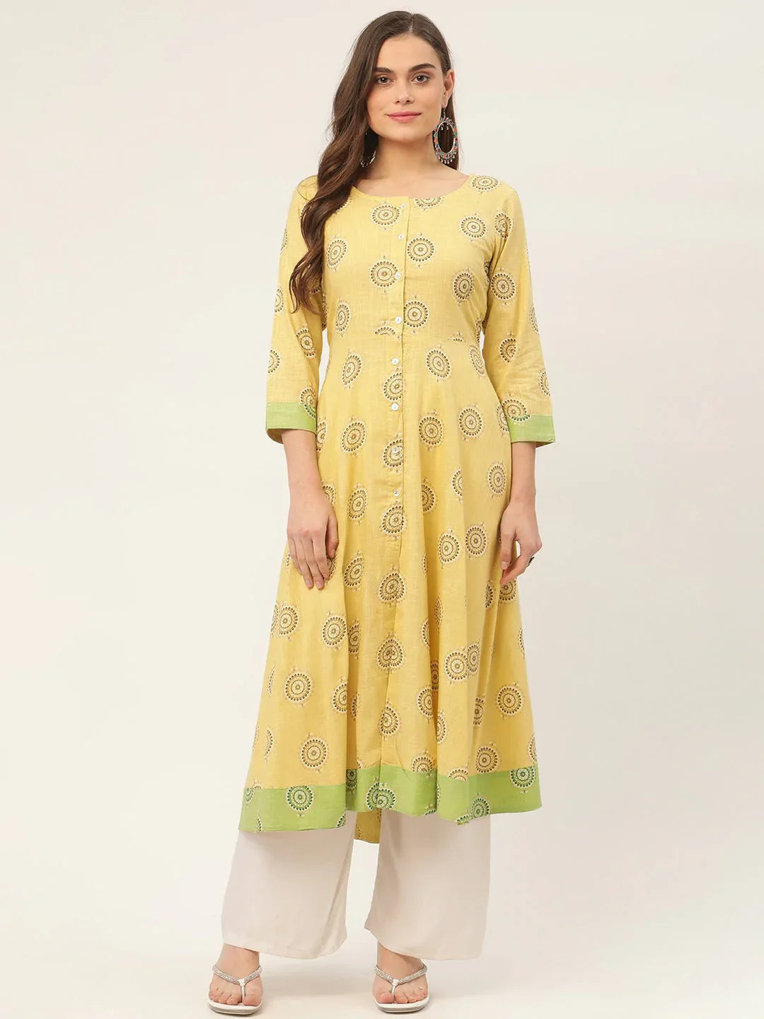 Jompers Women's Pista Green Cotton Blend Flared Printed kurta - Distacart