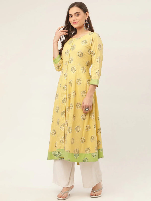 Jompers Women's Pista Green Cotton Blend Flared Printed kurta - Distacart