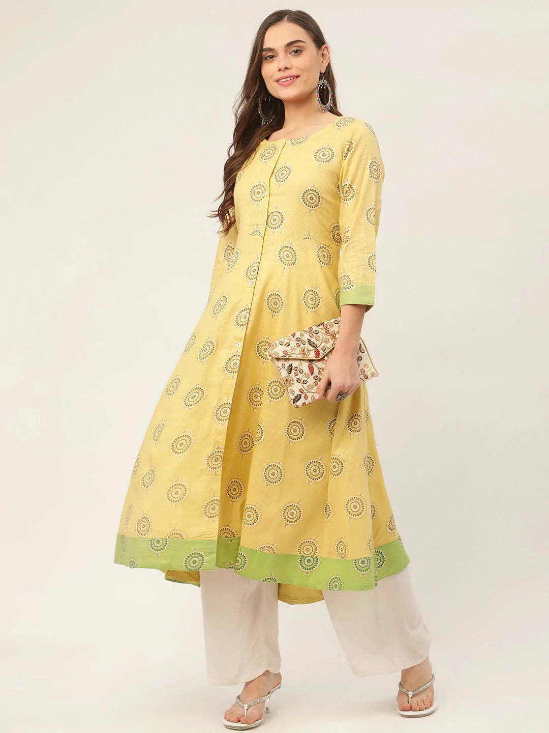 Jompers Women's Pista Green Cotton Blend Flared Printed kurta - Distacart