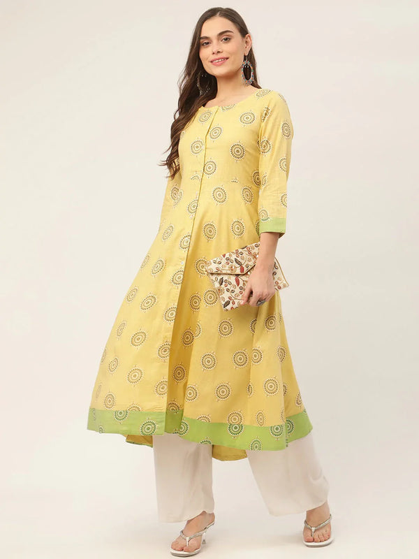 Jompers Women's Pista Green Cotton Blend Flared Printed kurta - Distacart