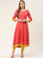 Thumbnail for Jompers Women's Red and Yellow Cotton Blend Flared Printed kurta - Distacart