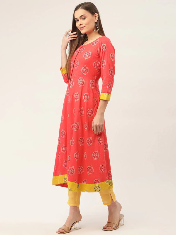 Jompers Women's Red and Yellow Cotton Blend Flared Printed kurta - Distacart