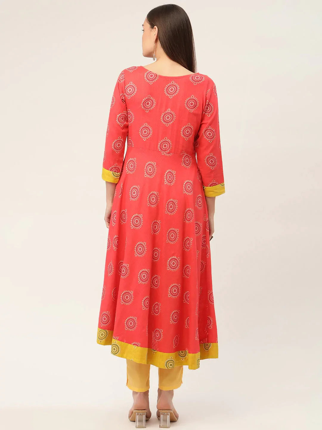 Jompers Women's Red and Yellow Cotton Blend Flared Printed kurta - Distacart
