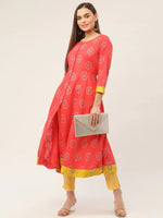 Thumbnail for Jompers Women's Red and Yellow Cotton Blend Flared Printed kurta - Distacart