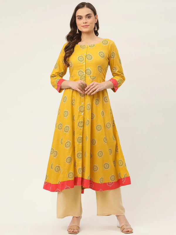Jompers Women's Yellow and Red Cotton Blend Flared Printed kurta - Distacart