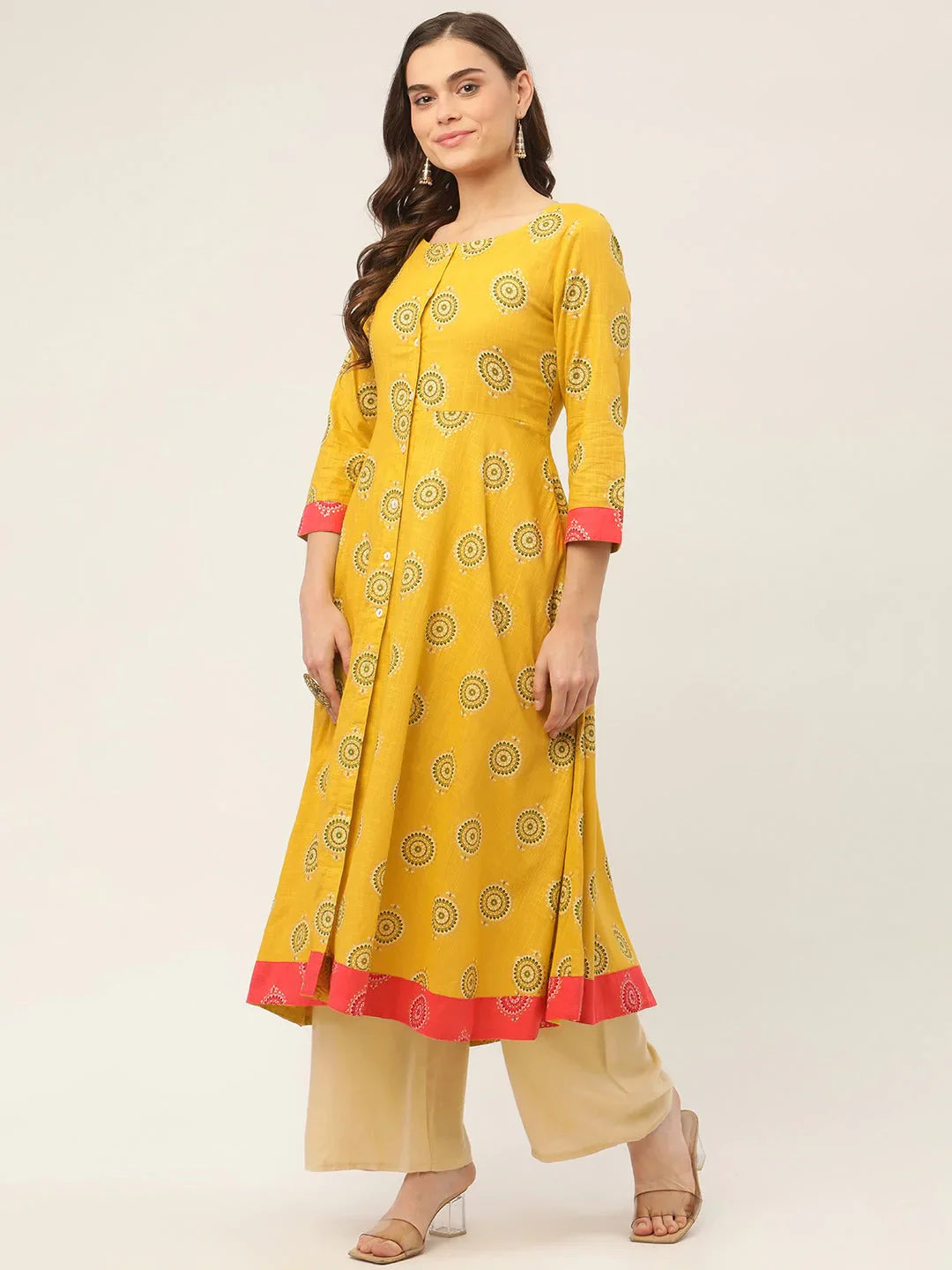 Jompers Women's Yellow and Red Cotton Blend Flared Printed kurta - Distacart