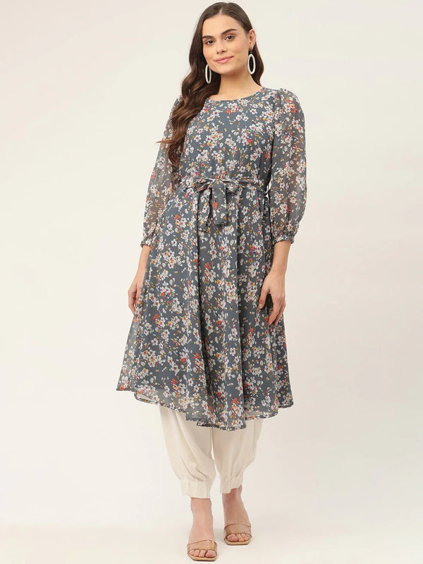 Jompers Women's Grey & White Georgette Floral Printed Kurta - Distacart