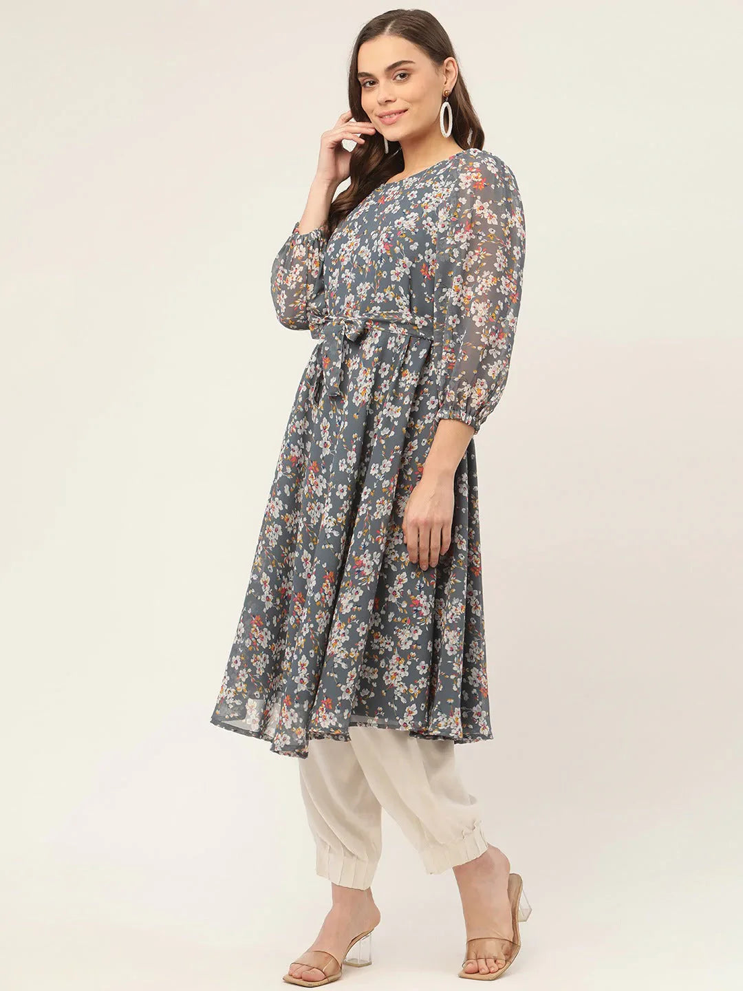Jompers Women's Grey & White Georgette Floral Printed Kurta - Distacart