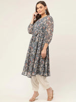 Thumbnail for Jompers Women's Grey & White Georgette Floral Printed Kurta - Distacart